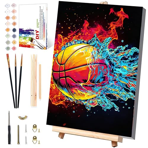 Basketball Paint by Numbers Kit for Kids with Framed Canvas - Wooden Easel - color: BKH2205