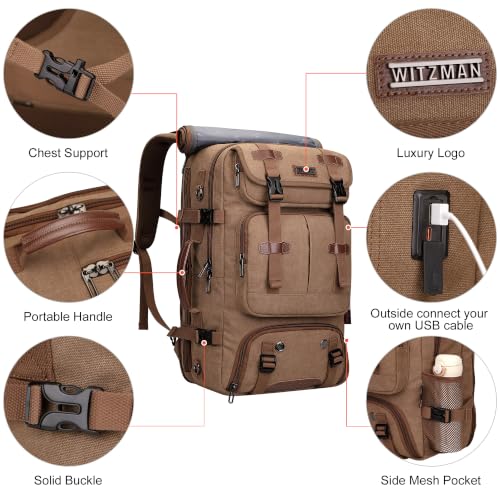 WITZMAN Travel Backpack for Men 45L Large Carry-on Airline Approved - color: Brown