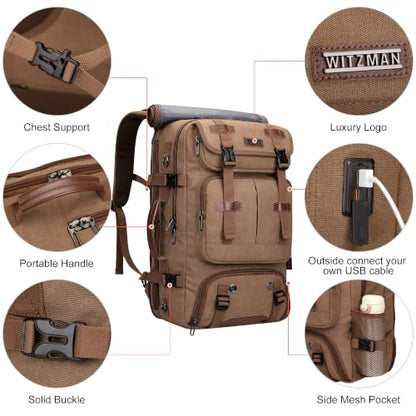 WITZMAN Travel Backpack for Men 45L Large Carry-on Airline Approved - color: Brown