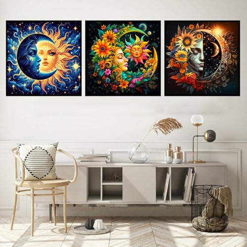 Axquilon 3 Packs Framed Paint by Numbers Kit for Adults 8x8in - color: 3 Pack Sun and Moon with Easel