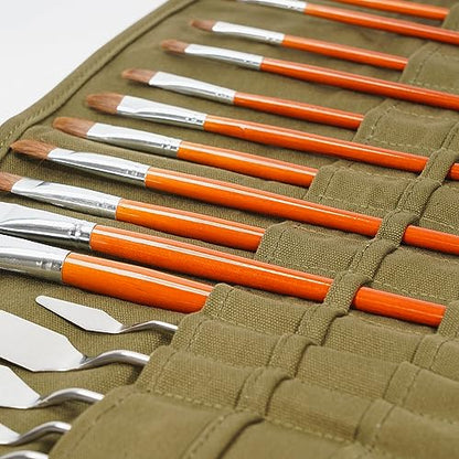 ECHSRT 30-Slot Canvas Paint Brush Holder Roll Up Case Organizer, Green - color: Army Green