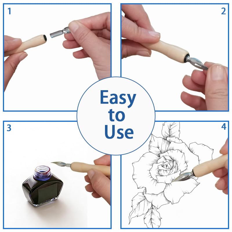 12 Pcs Dip Pen Set, Comic Drawing Pen Kit with Wooden Holder and Stainless Steel Nibs for Writing, Sketching, Signing and Painting