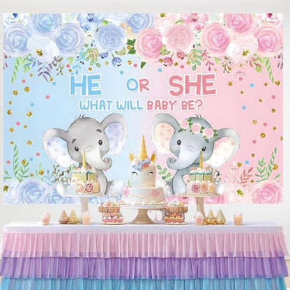 Yeele 8x6ft Elephant Gender Reveal Party Backdrop Pink or Blue Flowers He Or She What Will Baby Be Photography Background Newborn Baby Shower Banner Photo Studio Props - size: 8x6ft
