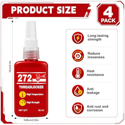 4 Pack 272 Red Thread Locker, High Strength Anaerobic Threadlocker Permanent Locking Seal Metal Glue for Nuts Bolts Fasteners, 50 ml Bottle