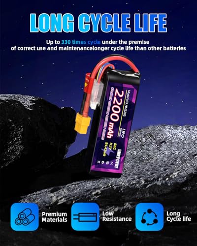 11.1V Lipo Battery Pack 3S 2200mAh 50C with XT60 Plug for FPV Drone Quadcopter RC Airplane Aircraft(2 Packs)