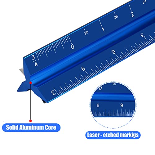 12" Architectural Scale Ruler, Aluminum Scale, Triangular Ruler, Scale Ruler for Blueprint Imperial Measurements for Architects Engineering Artists, Draftsman Drawing, Laser-Etched Markings.(Blue) - color: blue