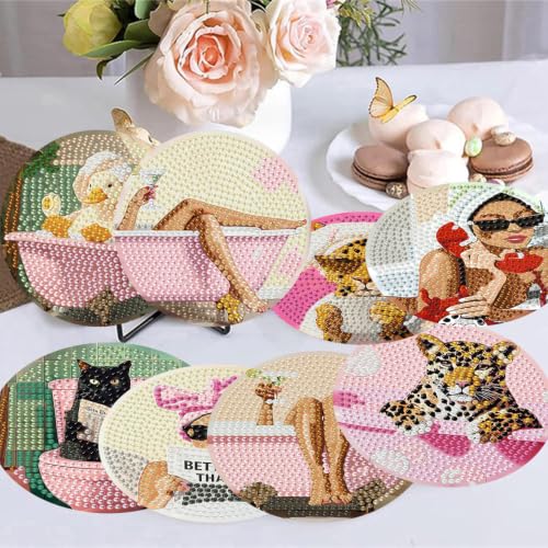 8 Pack Diamond Art Coasters, Pink Bow Woman Diamond Painting Coasters - color: Bathroom Coasters