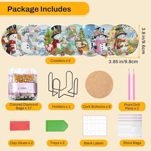 8Pc Diamond Art Coasters Holder Cork Pads, Diamond Painting Coasters 4x4 In - color: Christmas Diamond Art Coasters Snowman