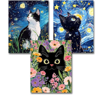 3 Pack Black Cat Scenery Stamped Cross Stitch Kits for Adults Beginners - color: Black Cat