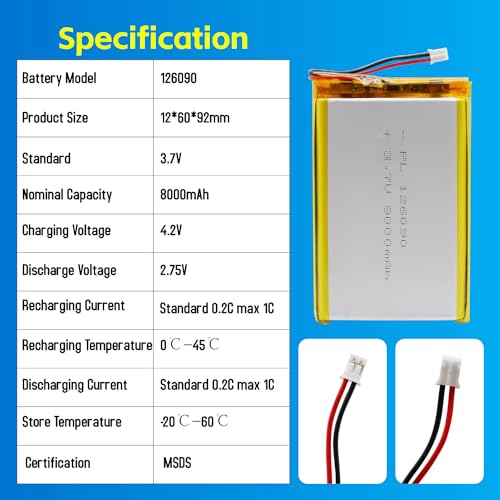 3.7V 8000mAh 126090 LiPo Battery with PH2.0mm JST Connector - size: 126090 8000mAh