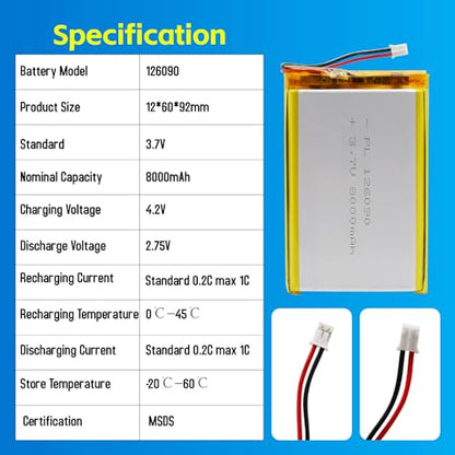 3.7V 8000mAh 126090 LiPo Battery with PH2.0mm JST Connector - size: 126090 8000mAh