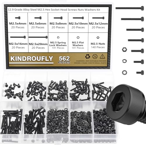 562 Pieces Black M2.5 x 4/6 /8/10 /12/16 /20mm Hex Socket Head Cap Screws Nuts Washers Assortment Kit, 12.9 Grade Alloy Steel - size: M2.5, style: Socket Head