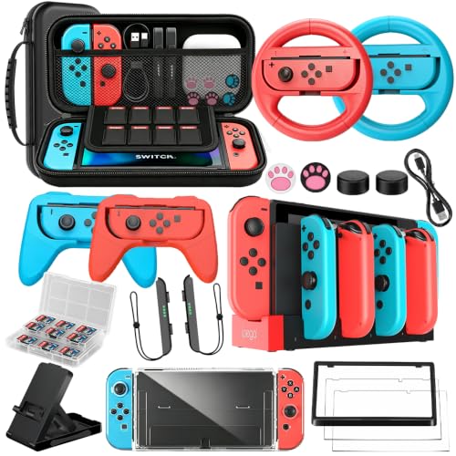 Accessories Bundle for Nintendo Switch 1/OLED, OUNFNOE 19-IN-1 Kits for Switch OLED Accessories, Carrying Case, Controller Charging Dock, Joy-Con Thumb Grips, Tempered Screen Protector, Steering Wheels for Mario Kart, Protective Console Cover - color: Acc