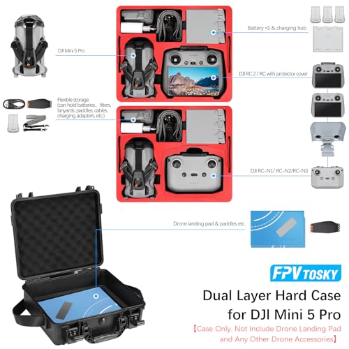 FPVtosky Dual Layer Hard Case for DJI Mini 5 Pro [CASE ONLY], Waterproof Carrying Case for Mavic Mini 5 Pro/Fly More Combo/Plus Drone, Compatible with DJI RC 2 or RC-N3 Controller Accessories