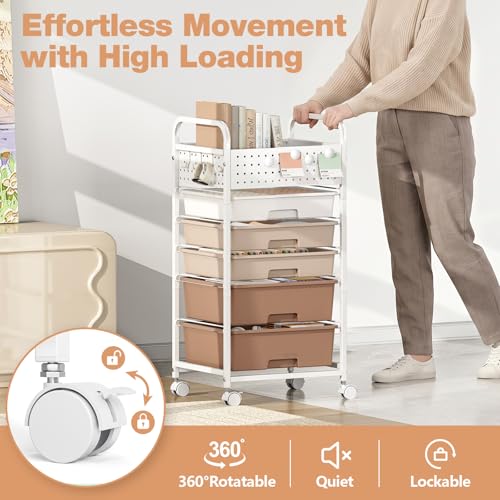 5 Drawer Rolling Storage Cart with Pegboard Top and Hooks, Brown - color: Brown, size: 5-Drawers