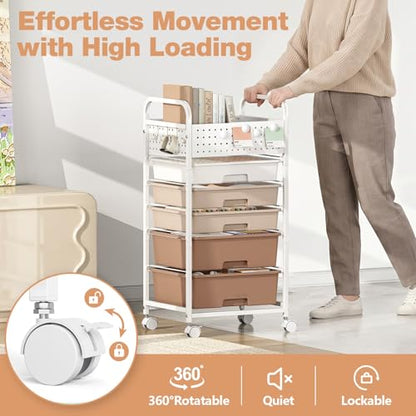 5 Drawer Rolling Storage Cart with Pegboard Top and Hooks, Brown - color: Brown, size: 5-Drawers