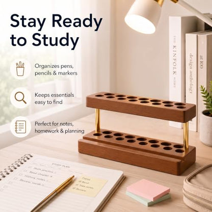 Pen Holder for Desk, Pencil Organizer, Fountain Pen Display Stand - color: Double-row - Walnut