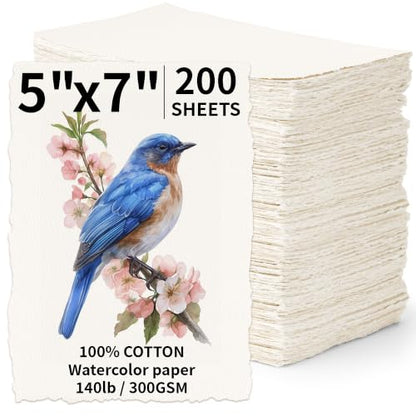 200 Sheets White Watercolor Paper 5x7 Inch Cotton Handmade Deckled Edge - color: White, size: 5x7in