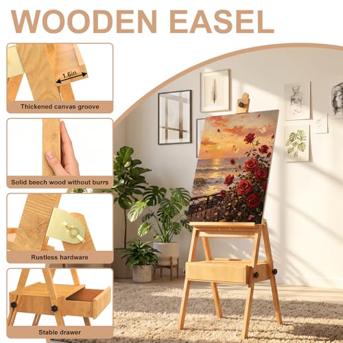 Large Beech Wood H-Frame Easel,Painting Easel with Storage Drawer,Up to 36" - color: Solid Wood