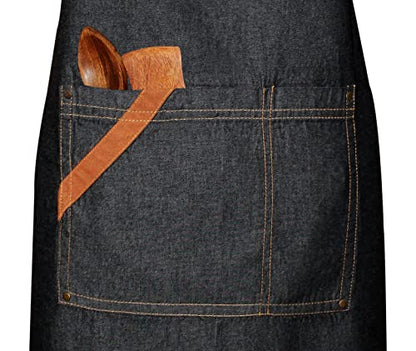 100% Cotton Denim Kitchen Apron with Pocket and Adjustable Neck with Long Ties Apron 25" X 31" for Women Men Chef Cooking, Baking, Gardening, Black