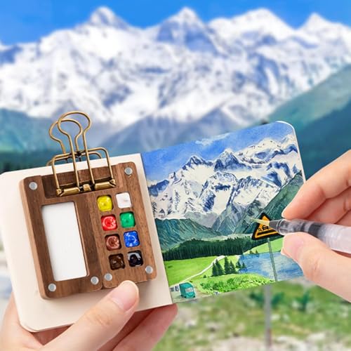 Mini Watercolor Travel Set with 8-Well Wood Palette and Sketchbook - color: Wood 8 Grids