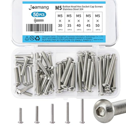 M5 x 30mm 35mm 40mm 45mm 50mm Button Head Socket Cap Screws Bolts, Stainless Steel 304, Metric Allen Hex Drive, Bright Finish, Fully Threaded, Assortment Kit 50PCS - size: Button M5x30-50 mm