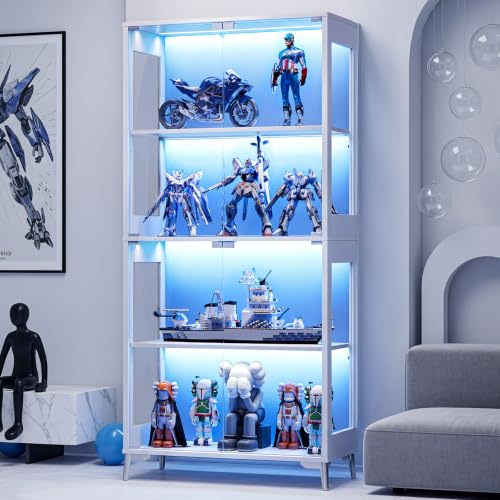 Display Cabinet with Glass Doors, 4-Tier, RGB Lights, Adjustable Shelves - color: White & Glass Double Door