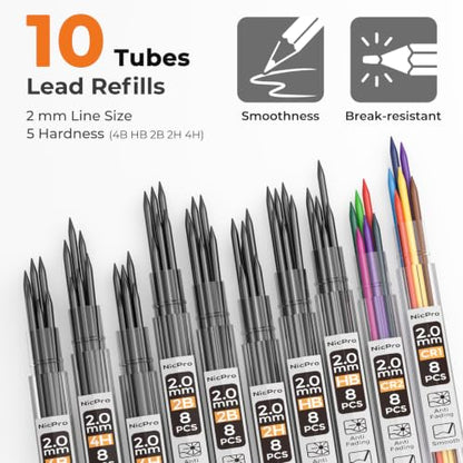 Nicpro 3 PCS Metal 2.0mm Mechanical Pencil Set with Case for Sketching - color: Black
