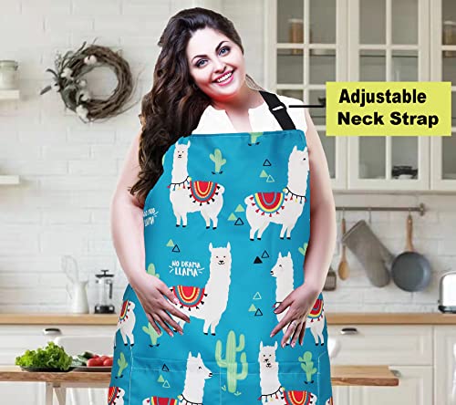 Plus Size Adjustable Bib Apron Water Resistant Canvas Extra Wide Long Ties Aprons with 2 Pockets Kitchen Cooking Gardening - color: Llama