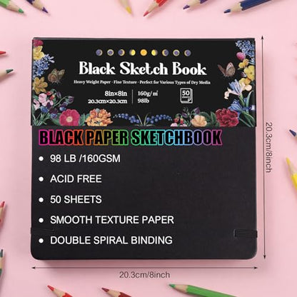160gsm Black Paper Sketchbook 8 × 8 in, 50 Sheets Black Paper Notebook - size: 8×8 Inch (1 pack)