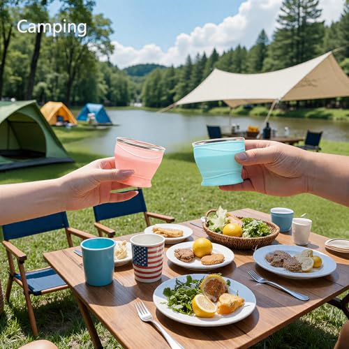 Collapsible Cup 2-Pack with Lids - 6oz Mini Silicone Folding Travel Cup with Steel Rim - BPA Free Pocket Cups for Camping, Hiking, Kids, Mouthwash & Pills (Gray & Pink) - color: Gray & Pink