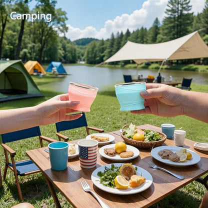 Collapsible Cup 2-Pack with Lids - 6oz Mini Silicone Folding Travel Cup with Steel Rim - BPA Free Pocket Cups for Camping, Hiking, Kids, Mouthwash & Pills (Gray & Pink) - color: Gray & Pink