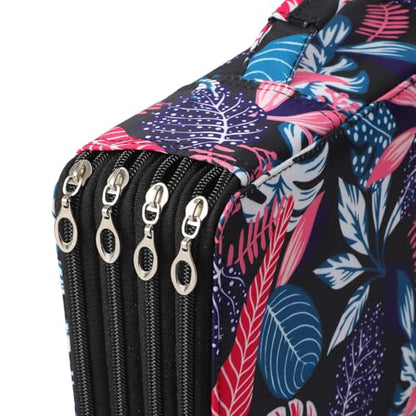 300 Slots Canvas Pencil Case 4-Layer Zipped Holder w/Handle - color: Black Leaves, size: 300