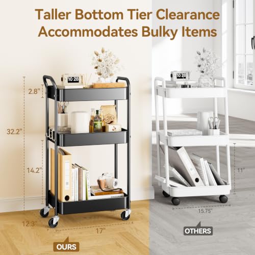 YASONIC 3-Tier Metal Rolling Cart Utility Carts with Wheels Black - color: Black