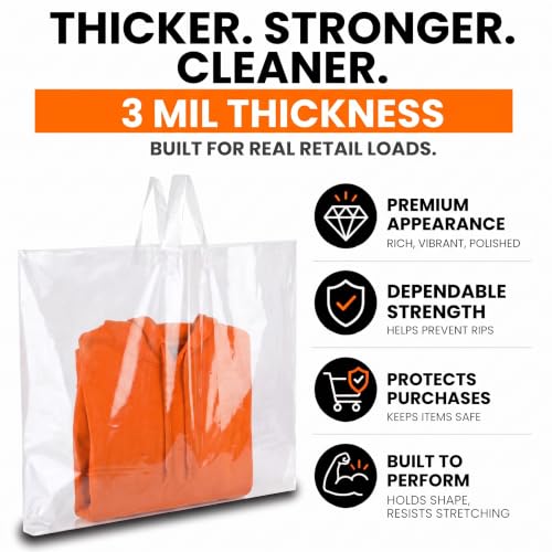 19x15 Large Plastic Shopping Bags for Small Business with Handles - color: Clear