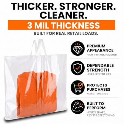 19x15 Large Plastic Shopping Bags for Small Business with Handles - color: Clear