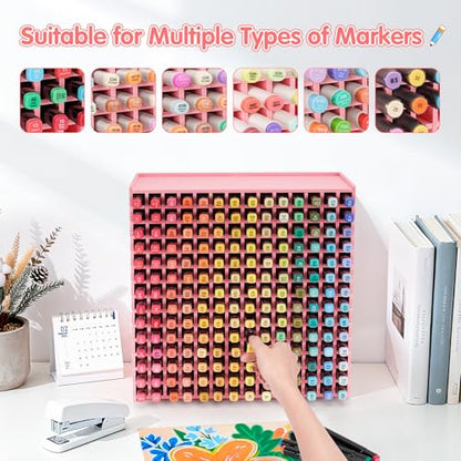 SANFURNEY 196 Slots Marker Organizer Art Marker Holder Pink
