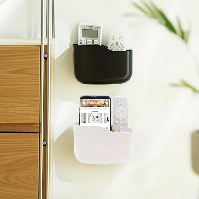 Wall/Bedside Remote Control Holder & Storage Box with Adhesive/Separable Mount - Plastic Media Player & Controller Organizer, Phone Charging Station, for TV Remotes,Stationery - Compact Space-Saving