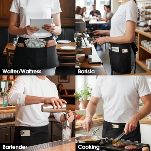 BOHARERS 4 Pack Waitress Apron With 3 Pockets-Black Server Aprons-Waiter Short Half Waist Servers Apron - color: A-4 Pack Black
