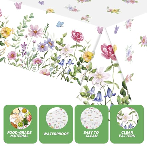 3Pcs Wildflower Plastic Tablecloths, Disposable Floral Butterfly Tablecover - color: Floral