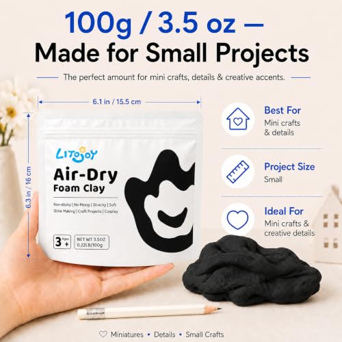 Black Air Dry Foam Clay 100g/3.5oz, Soft & Easy to Mold - color: Black