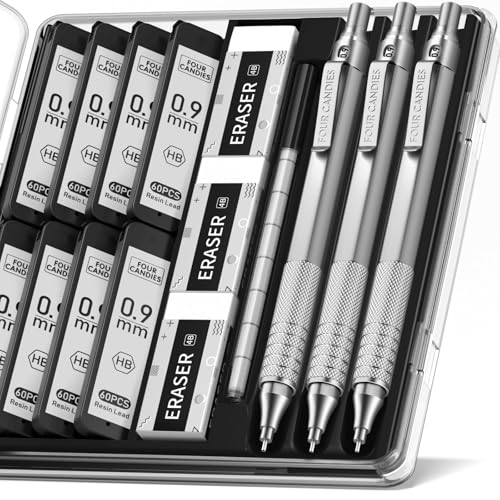 Four Candies Metal Mechanical Pencil Set with Case, 0.9mm, 3-Pack, Silver - color: Silver, style: 0.9 MM