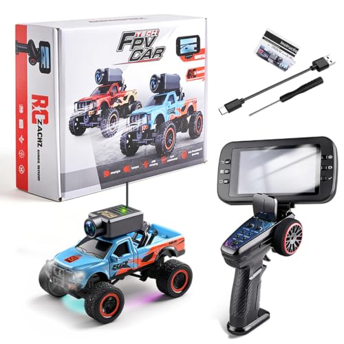 Wltoys Mini RC Crawler, 1:64 Scale FPV Remote Control Off Road Crawler with 2.4Ghz Transmitter, Display Screen, HD Camera, Gyro, LED Lights, APP Controlled Model Vehicle (Blue) - color: Blue