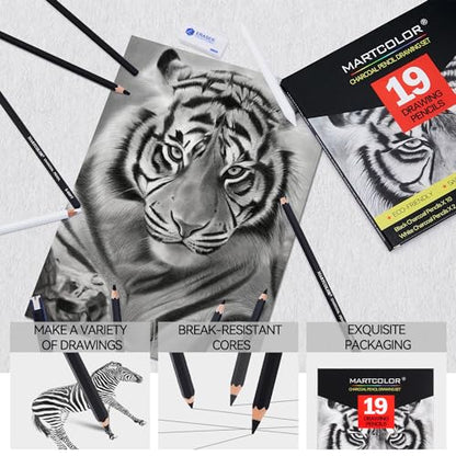 MARTCOLOR Charcoal Drawing Set, 19 Pieces, Black & White Charcoal Pencils - color: Black & White-19 Pack