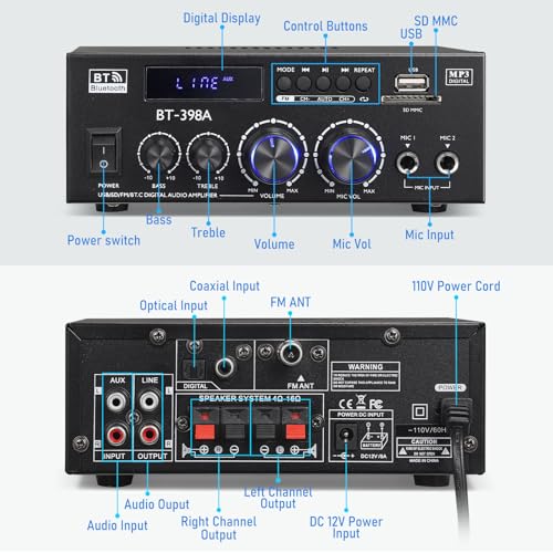 Facmogu BT-398A Stereo Audio Amplifier, 2 Channel 450W Home Power Amplifier - style: MAX 450Wx2