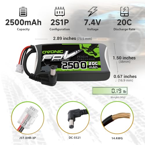 OVONIC 7.4V 20C 2500mAh 2S Lipo Battery with Fatshark Plug