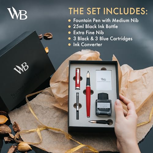 Wordsworth & Black Fountain Pen Gift Set, Medium & Extra Fine Nib, Red - color: Red Chrome