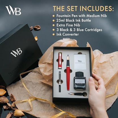 Wordsworth & Black Fountain Pen Gift Set, Medium & Extra Fine Nib, Red - color: Red Chrome