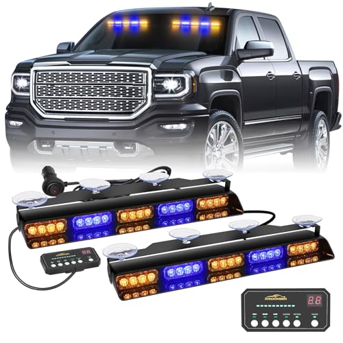 XRIDONSEN 2x 17 inch Dash Strobe Lights for Trucks, 40 LED Emergency Lights - color: Amber/Blue