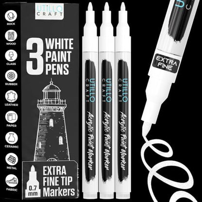 Utillo Craft White Paint Pen (3-Pack), 0.7mm Extra Fine White Paint Markers - color: White